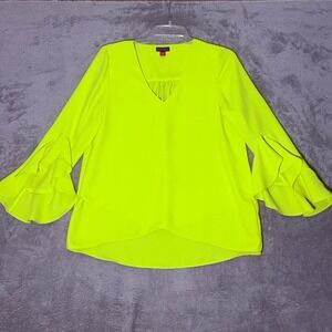 Vince Camuto Blouse Small Neon Yellow Flounce Ruffle Bell Sleeve V-Neck Flowy